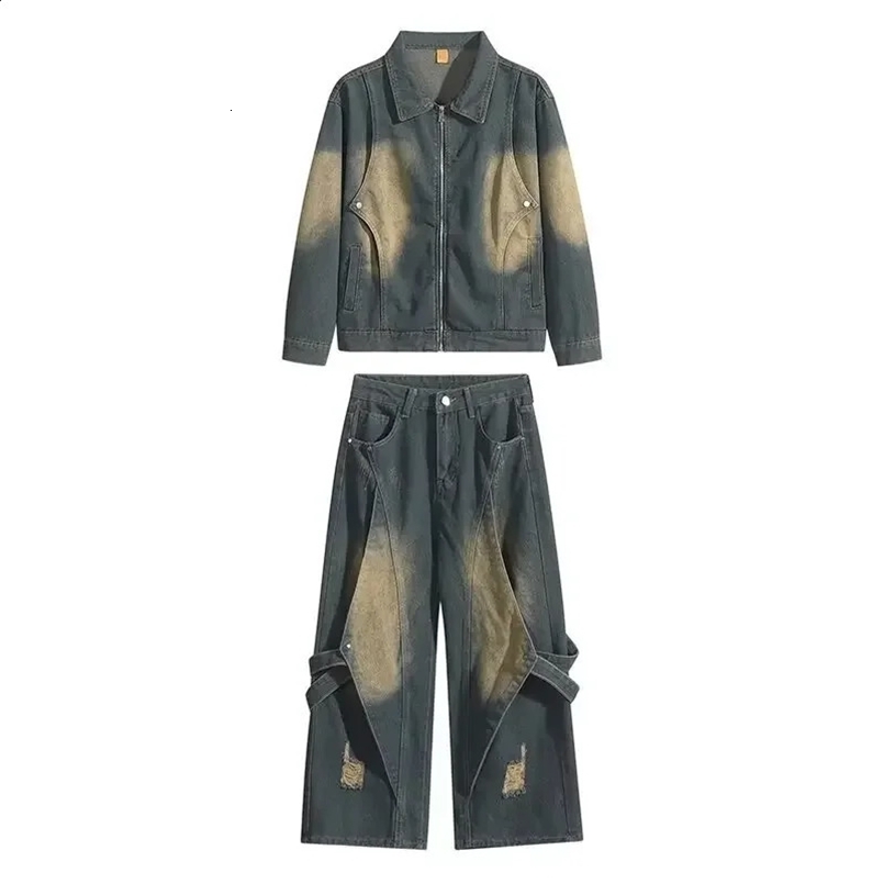 Trendy Mens Denim Suit Spring Autumn Casual Cardigan 2-piece Set Cross-border Stock Fresh Style Fashionable Clothing 240822