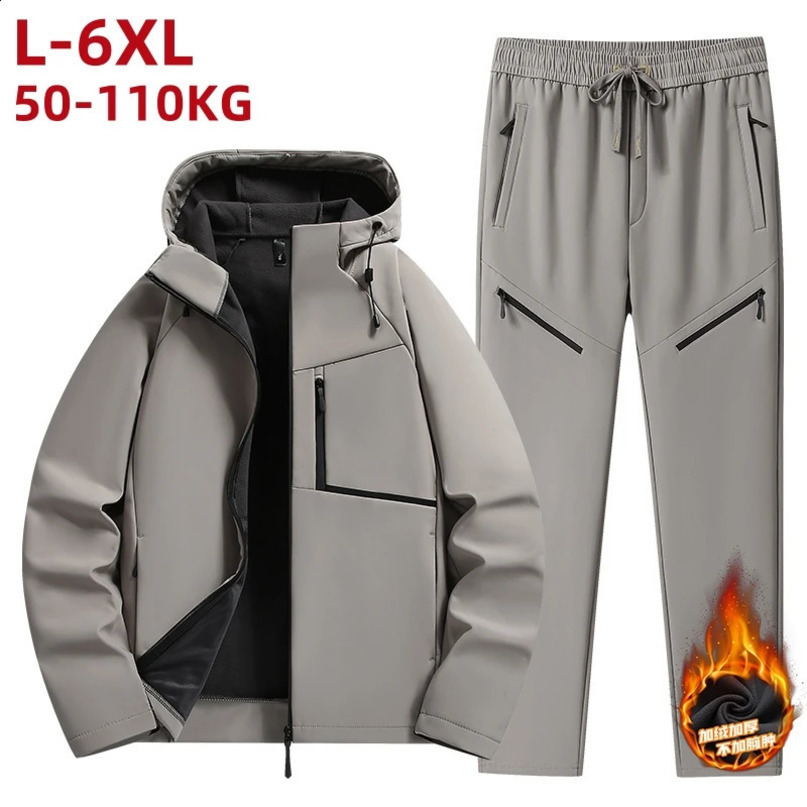 Plus Size 6XL 5XL Sportswear Mens Soft Shell Thick Wool Lining Hoodie Set Jacket Pants 2piece 240903