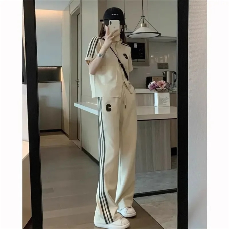 Plus Size Womens Fashionable Korean Style Short Sleeve T-shirt Trousers 2-piece Set Over 300 Kg Body Type Sporty Suit 240823