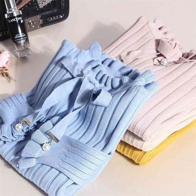Autumn Winter Sweater Women Slim Elegant Office Wear Lotus Leaf Long Sleeved Pullover Knitted Woman Solid Bow Pearl Sweaters 210805