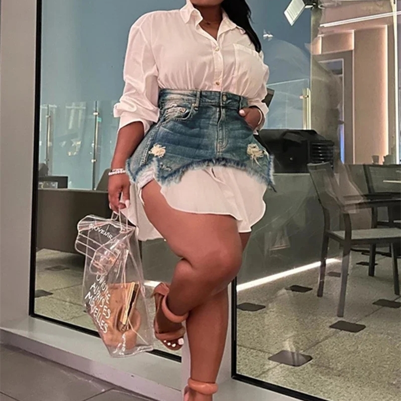 Vintage Shirt Dress Sets for Women Two Piece Set Spring Y2K Clothing Long Shirt Dress Jean Skirt Sets 2 Piece Sets Womens Outfit 240823