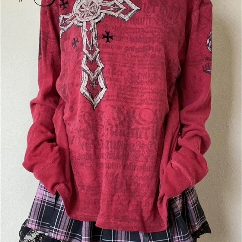 Yangelo Gothic Cross Printed Grunge T-shirt Women Y2K Vintage Harajuku Loose Long-sleeved Sweatshirt Spring Fall Streetwear 240703