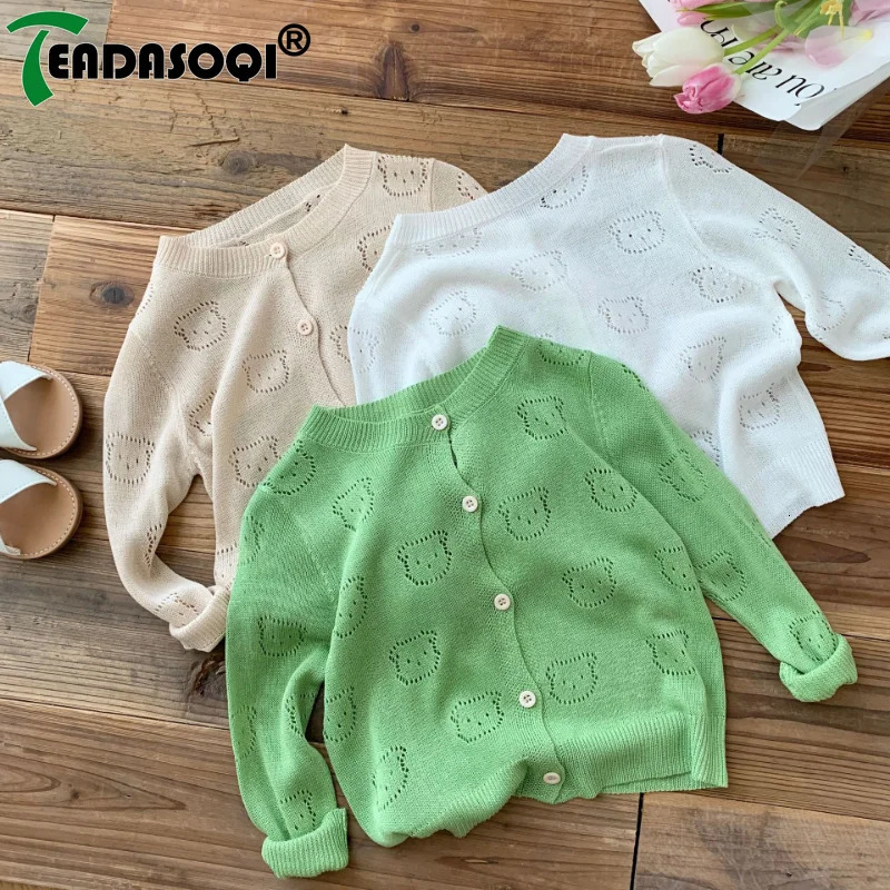 Fashion Baby Boys Girls Kids Summer AirConditioned Cardigan Solid Color Knitted Tops HollowOut Bear Sweater Coat Children 06Y 250922
