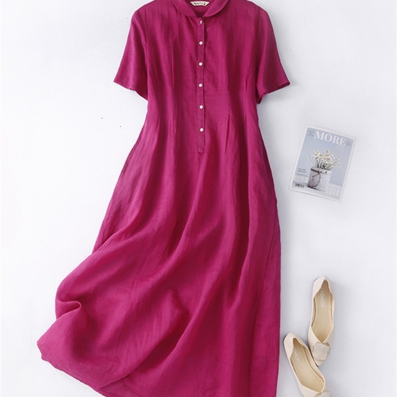 Casual Dresses Summer Women's Dress Cotton Linen Waist Thin White Polo Neck Short Sleeve Medium Length Warm Literature Long Sleeve 230407