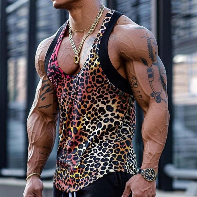 Sexy Leopard Printed Mens Vest Summer Fashion Deep Round Neck Sleeveless Straps Slim Tank Tops For Men Sports Fitness Camisoles 241008