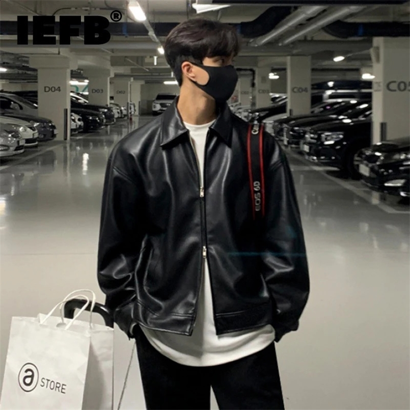 IEFB Korean Chic Double Zipper Mens PU Leather Jacket Black Simple Trendy Lapel Autumn Black Coats Chic Casual 9A1175 240722