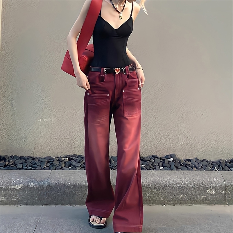 Women's Jeans Boyfriend Style Streetwear Baggy Jeans Women Denim Trousers High Waist Y2k Vintage Washed Distressed Wide Leg Mopping Red Pants 2