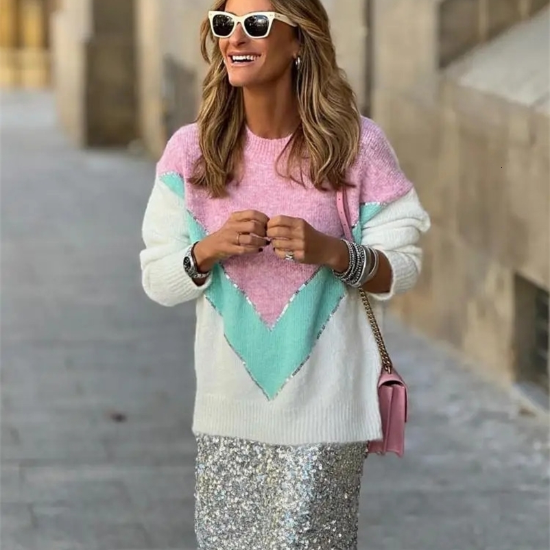 Women's Sweaters Patchwork O-neck Silver Sequins Knitted Sweater Fashion Women Loose Casual Pullovers Female Fall Winter Street Club Jumper 231