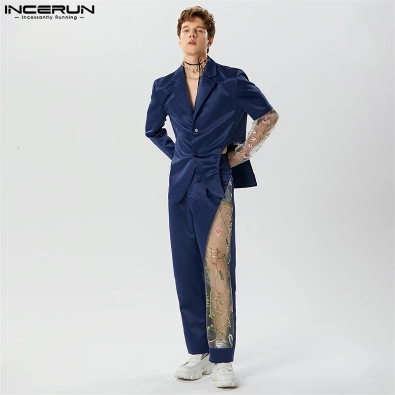 INCERUN Fashion Well Fitting Mens Set Long Sleeve Set Jacket Pants Patchwork Lace Hollow Two Piece Set S-5XL 250318
