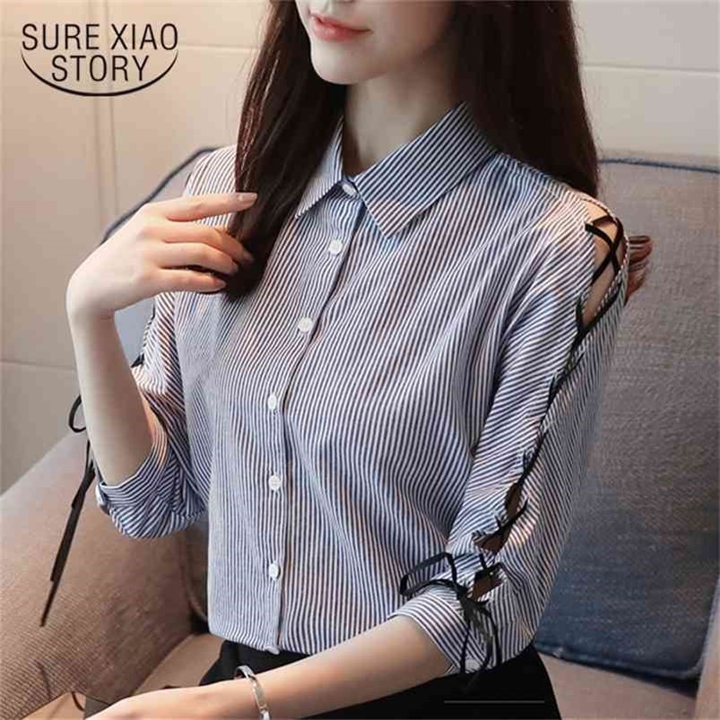spring fashion long sleeved blouses office lady style shirts striped button women tops casual sweet D458 30 210506
