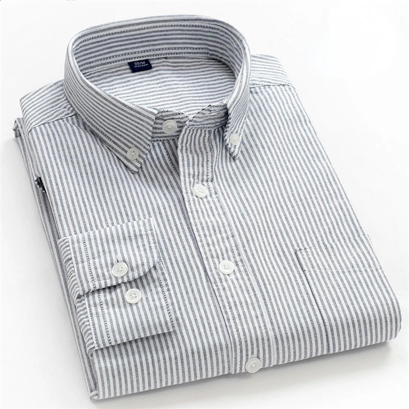 100% Cotton Oxford Shirt Mens Long Sleeve Striped Plaid Casual Shirts Korean Clothes High Quality Business Dress Shirt Grey 240724