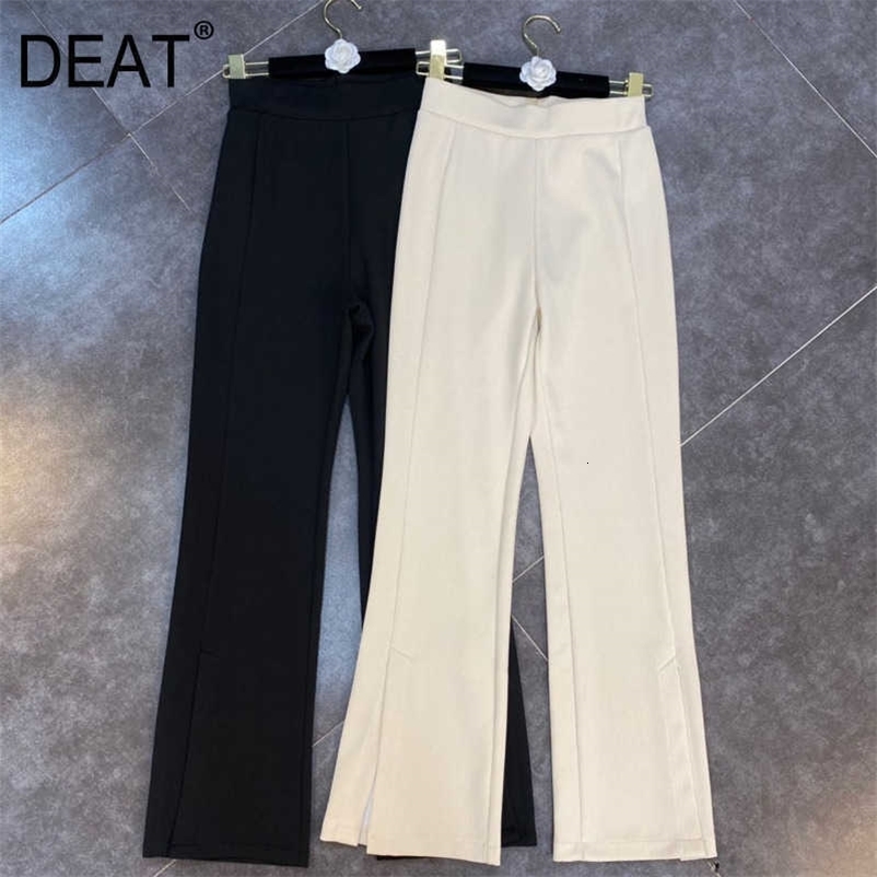 DEAT Women Elastic Waist Pit Bar Split Straight Pants Solid Color Slim Fashion Spring Summer 11D410 210709