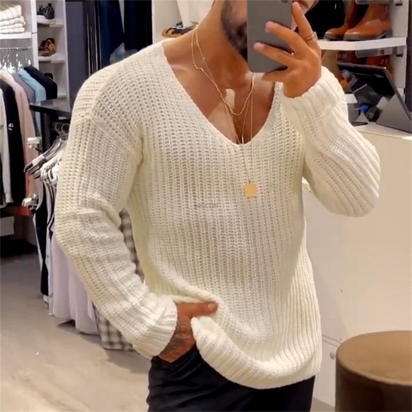 Men's Sweaters Mens Casual V-Neck Solid Sweater Autumn Winter Fashion Knitted Pullover Tops For Men Harajuku Long Sleeve Jumper Streetwear 2209