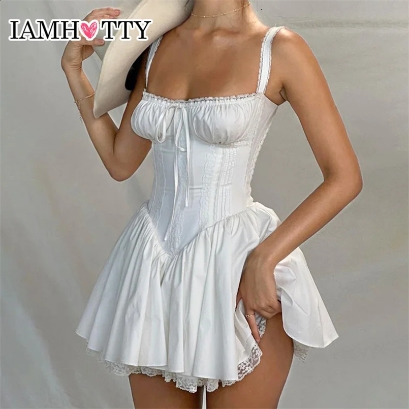 IAMTY High-quality Lace Panel A-line Dress White Coquette Party Holiday Sleeveless Mini Corset Dresses Elegant Sweet Robe 240823