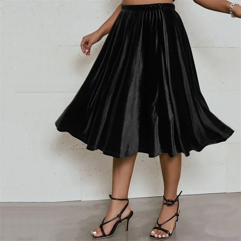 Plus Size High Elastic Waist Velvet Skirt Women Solid Black Spring Autumn Midi Party Skirt A-line Flare Skirt Large Size 6XL 7XL 240814