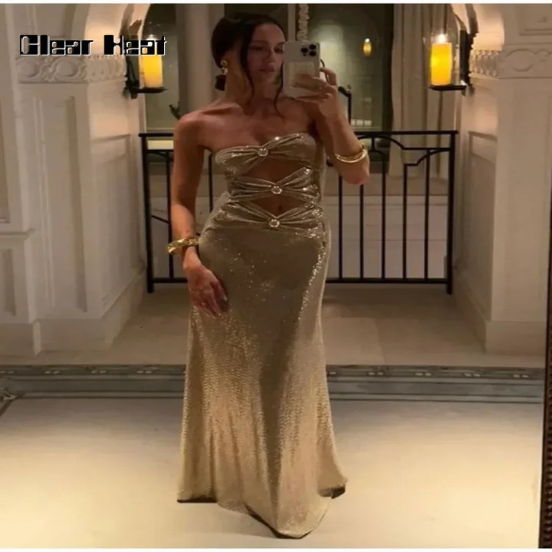 Sexy sequined hollow long skirt elegant womens off shoulder sleeveless backless long skirt fashionable womens evening dress 241007