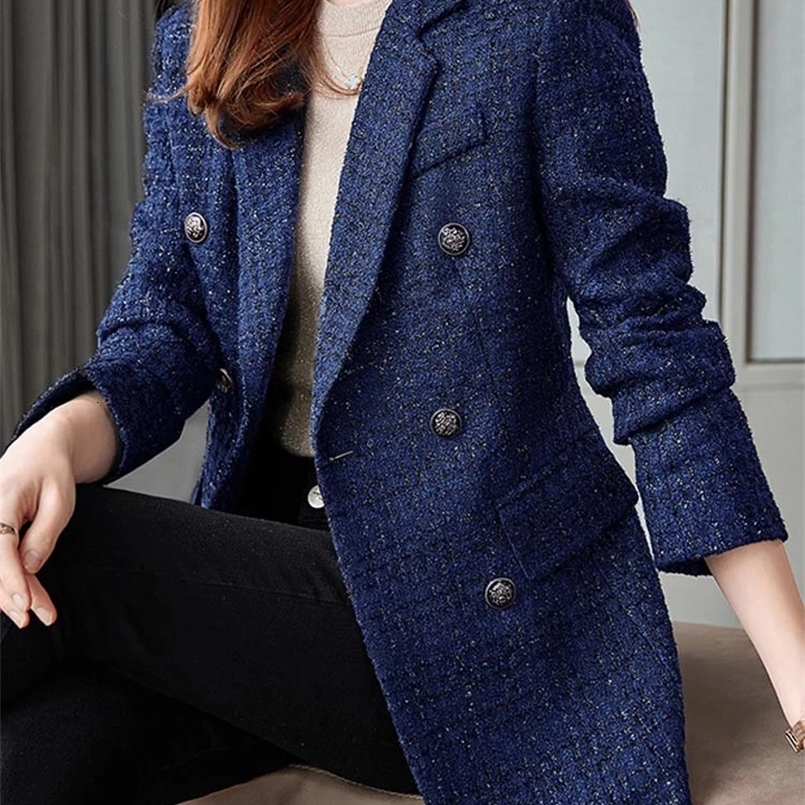 CJFHJE Navy Blue Winter Tweed Blazers Coat Women Thick Warm Long Sleeve Button Elegant Lady Jacket Coat Double-Breasted Overcoat 240910