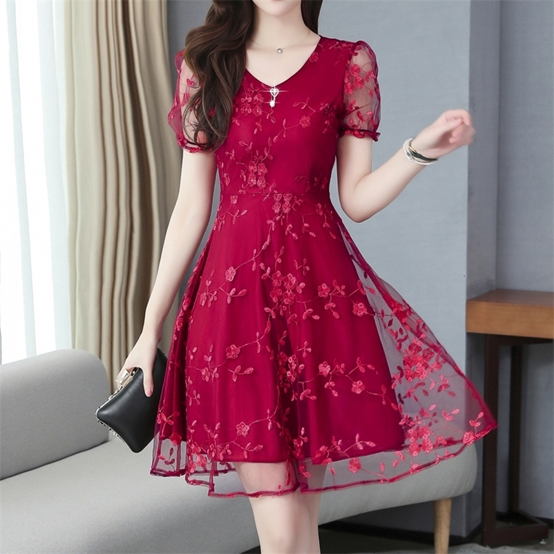 Casual Dresses Lace Summer Dress Women Short Sleeve Floral Elegant Party Dress Female Vestidos Mujer Red Black Dresses Ladies Robe 230425