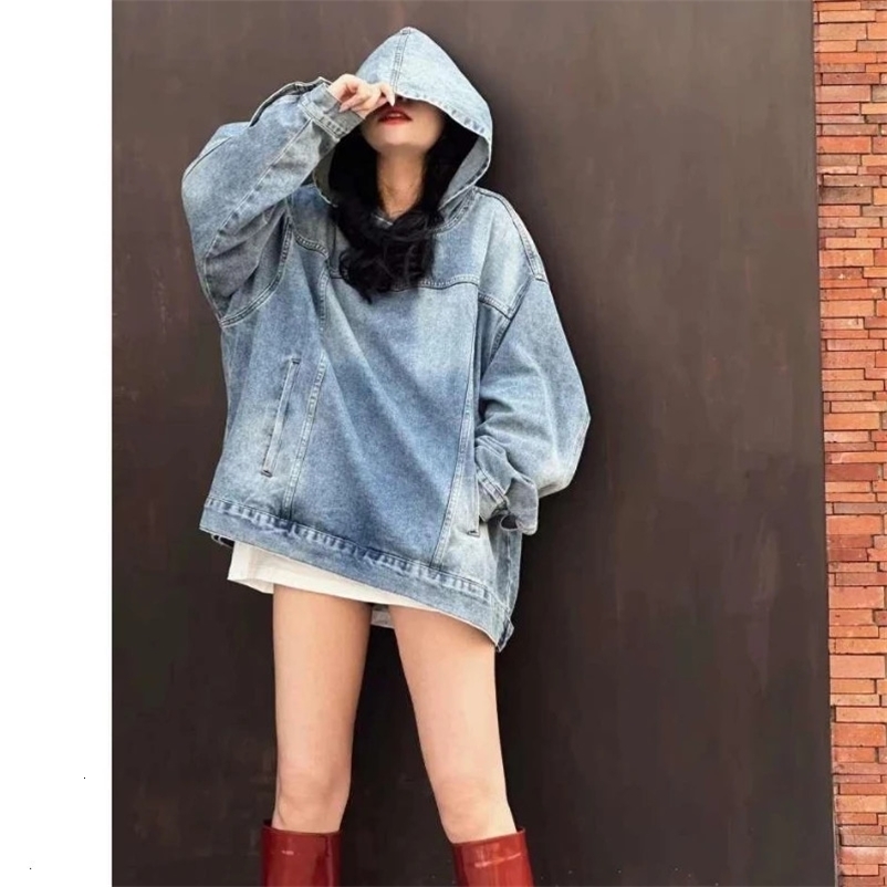 Spring Autumn Women Jacket Vintage Denim Hoodie Sweatshirts Long Sleeve Harajuku Y2k Pullover Denim Streetwear Hip Hop Outerwear 240408