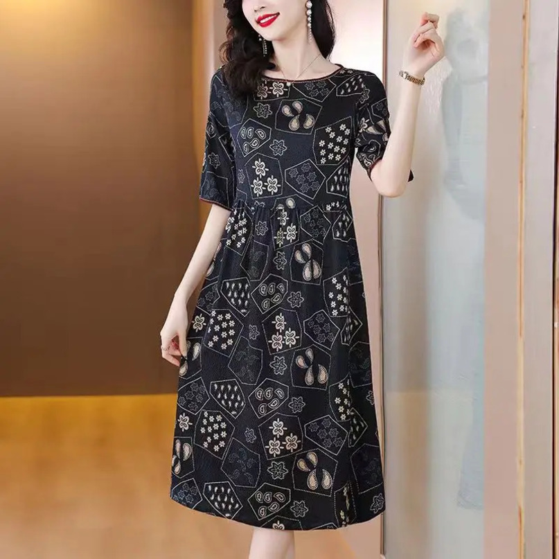 Summer Womens Simplicity Crew Neck Spliced Printed Elegant Loose Appear Thin Short Sleeve Large Hem Dress 240615