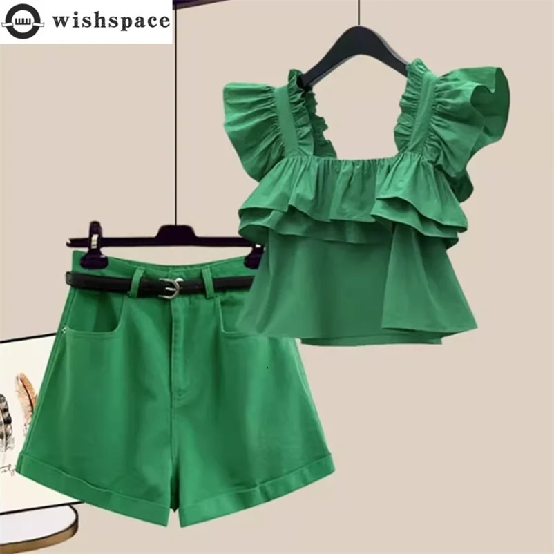 Summer Lotus Leaf Sleeves Pleated Camisole Vest Casual Denim Shorts Two-piece Elegant Womens Shorts Set 240423