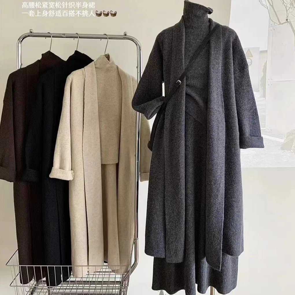 Long Cardigan Dress Women Knitted Skirt Top 3 Piece Set Hollow Out Single Round Collar Maxi Gown Autumn Winter Knitting 250804