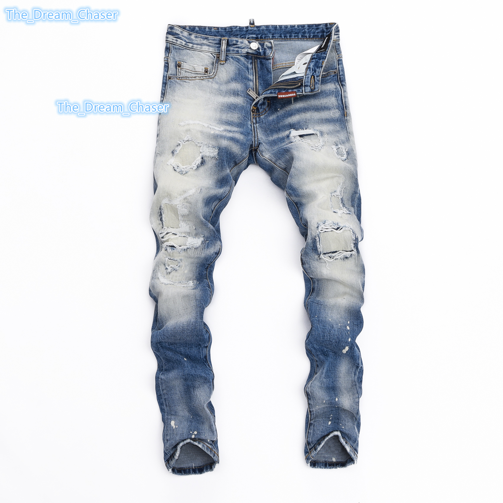 8444J88AS Custom Wornout Hole Paint Micro Elastic Washed Blue Cotton Youth Mid Waist Denim Jeans