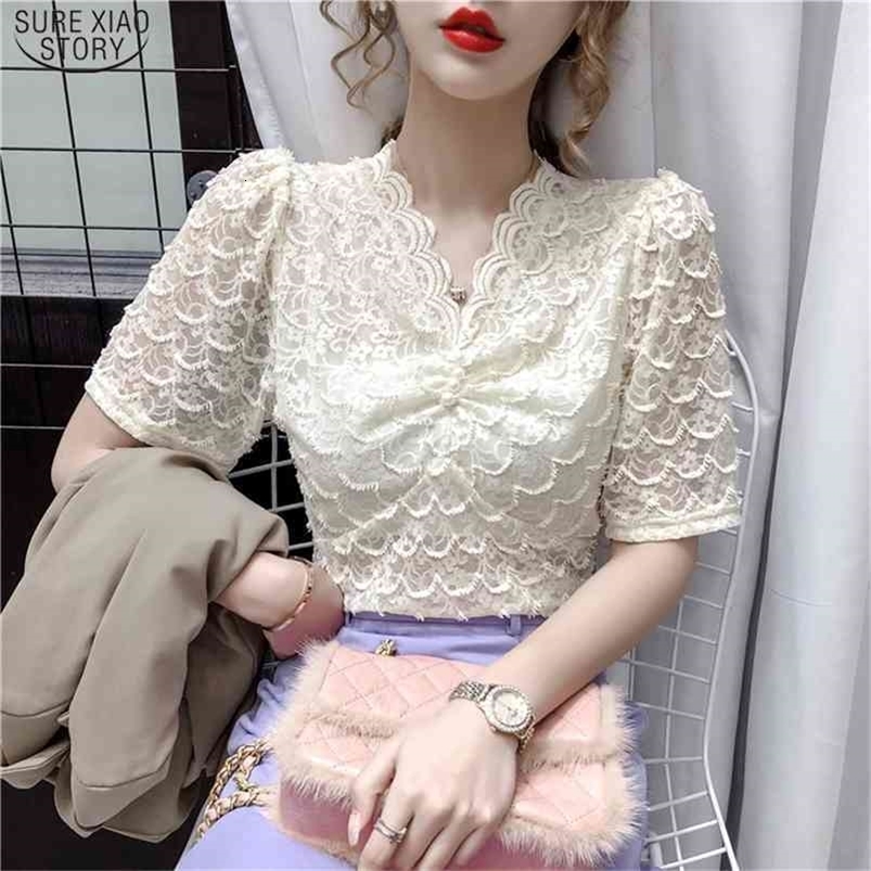 Summer Hollow Out Slim Lace Tops Women Korean Fashion Clothing Vintage Streetwear Short Sleeve Blouse Busas 9376 50 210506