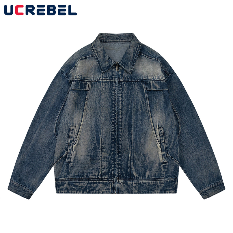 Mens Jackets High Street Washed Denim Jacket Autumn Lapel Long Sleeve Streetwear Zipper Outerwear Men 230809