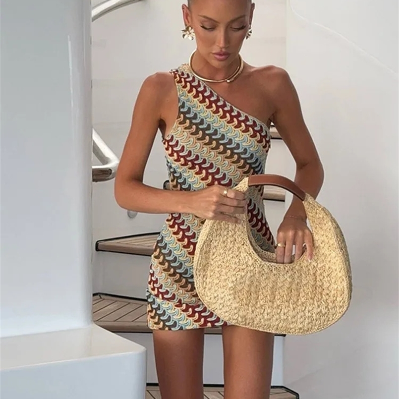 Irregular Printed Knitted Mini Dress For Women Chic Backless Slanted Shoulder Slim Fit Dresses 2025 Summer Holiday Beach Robes 250611