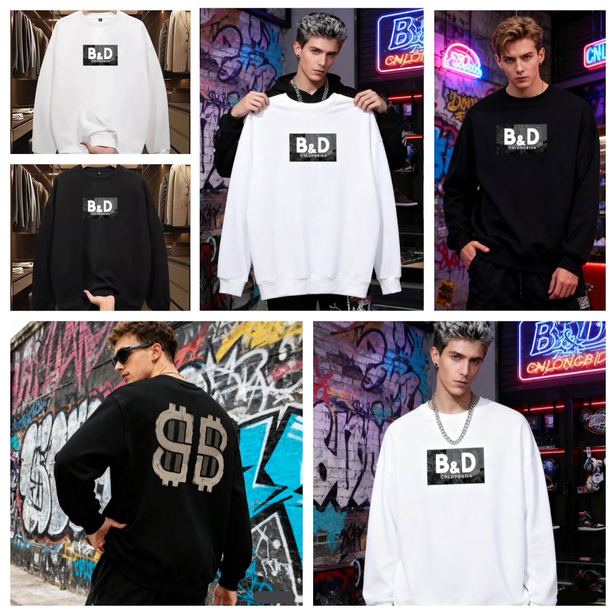 Men's Hoodies Round Neck High-end Black And White Pattern Printing Warm And Fluffy Cotton Hip-hop and Y2K Style For Men
