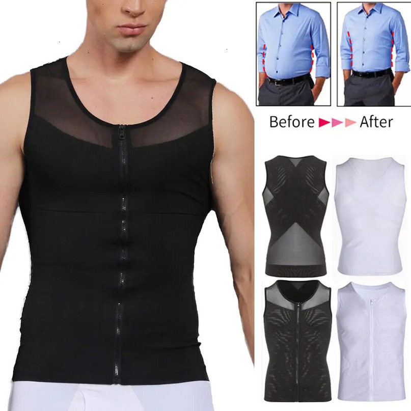 Mens Body Shaping Underwear Zipper Chest Abdominal Bodysuit Mesh Vest Breathable Slimming Tank Top Males Clothing 240415