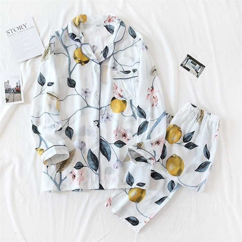 Super comfortable ladies pajamas two-piece spring and summer plus size loose viscose long-sleeved home service set kawaii 211118
