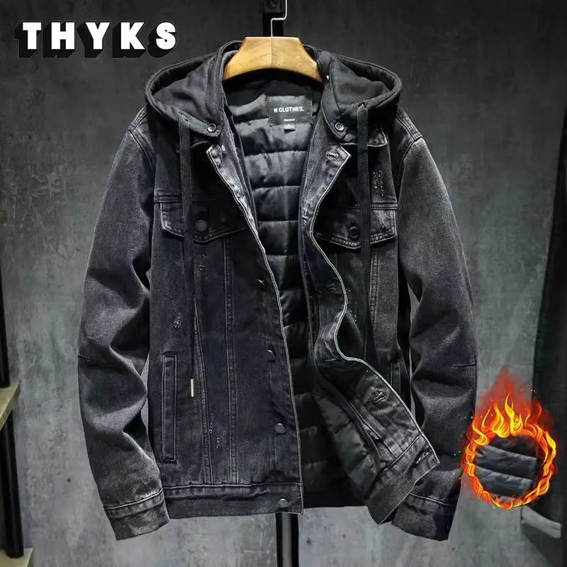 Plush Denim Hooded Jackets Fashion Winter Casual Removable Thicken Hole Loosed Jeans Coats Clothes Mens Jacket Ropa Hombre 250917Z