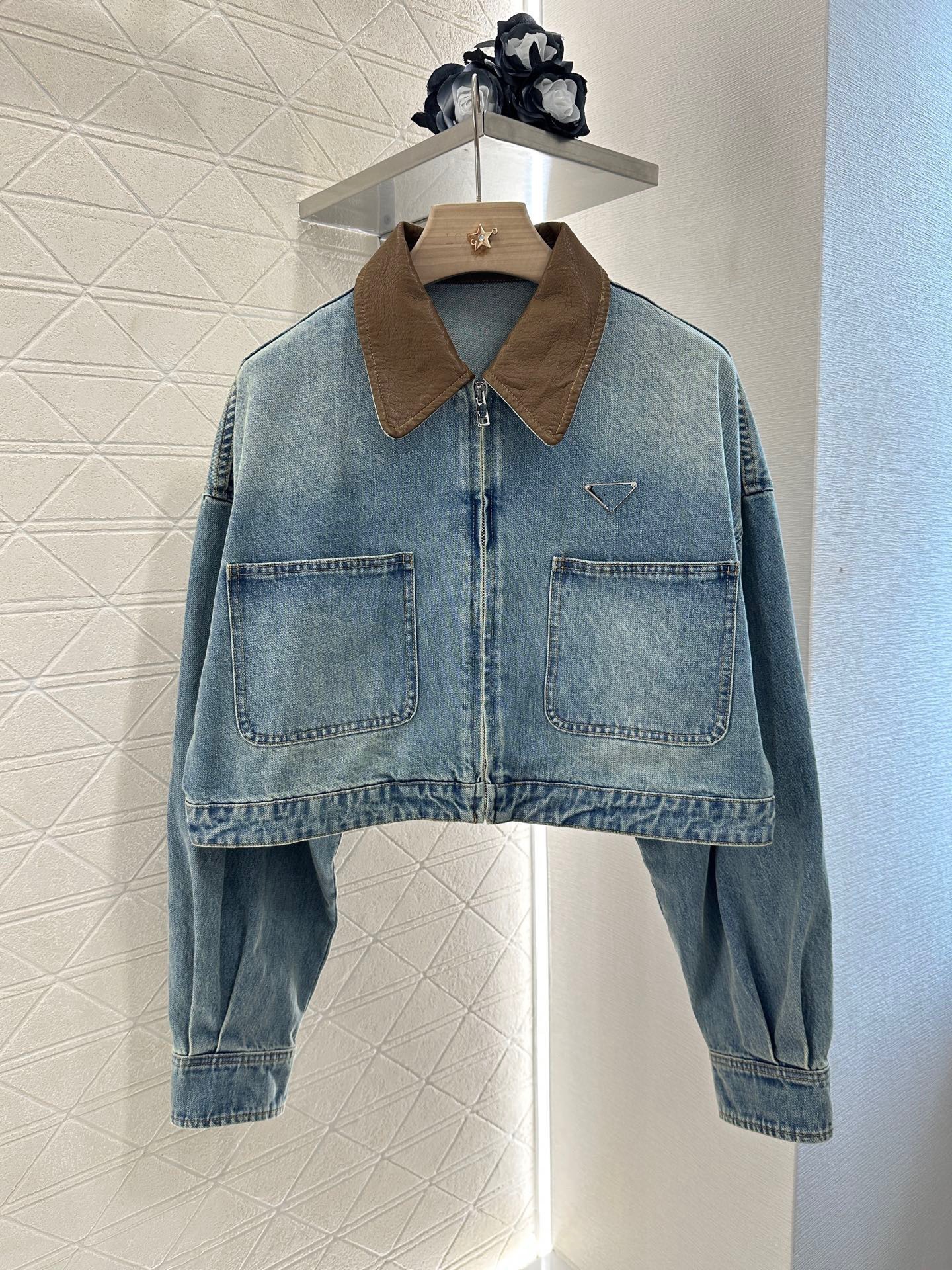 Women's Patchwork Denim Jacket with Leather Accents - Designer Style Autumn Coat with Pockets
