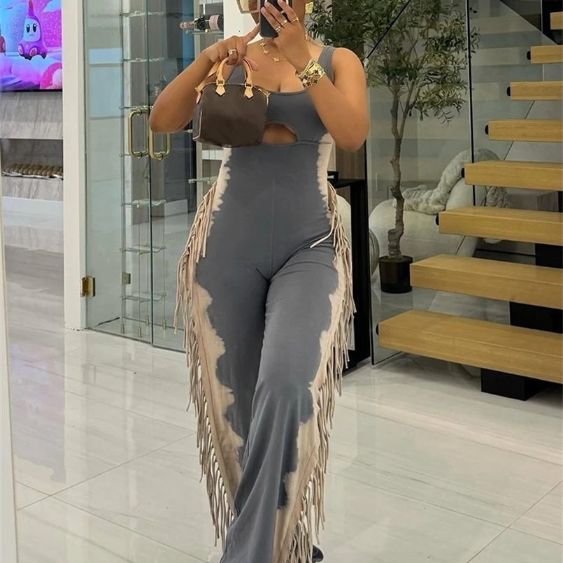 Womens High Street Strapless Jumpsuit with Tassel Summer Ladies Stretchy Jumpsuit Sleeveless Tank Collar Sexy Long Jumpsuits 240810