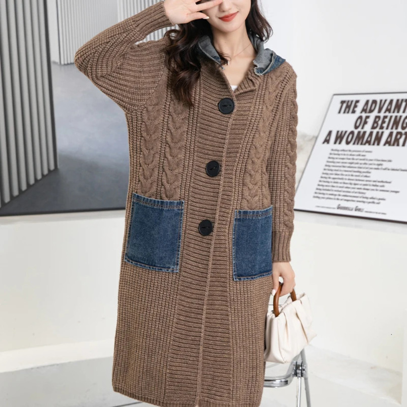 Womens Sweaters Knitted Long Cardigan Women Fall Winter Thick Warm Single Breasted Hooded Loose Sweater Jacket Female Over Coats 231129