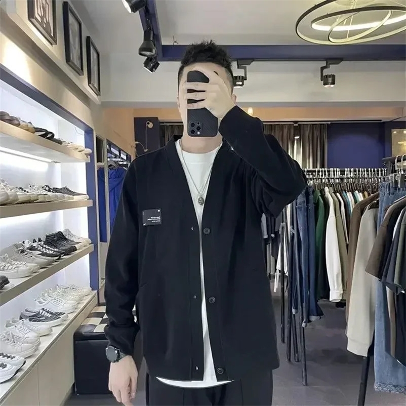 Black V-neck mens clothing without hoodie open knit sweater for men loose fit wholesale Y2k retro Korean style fit 241007
