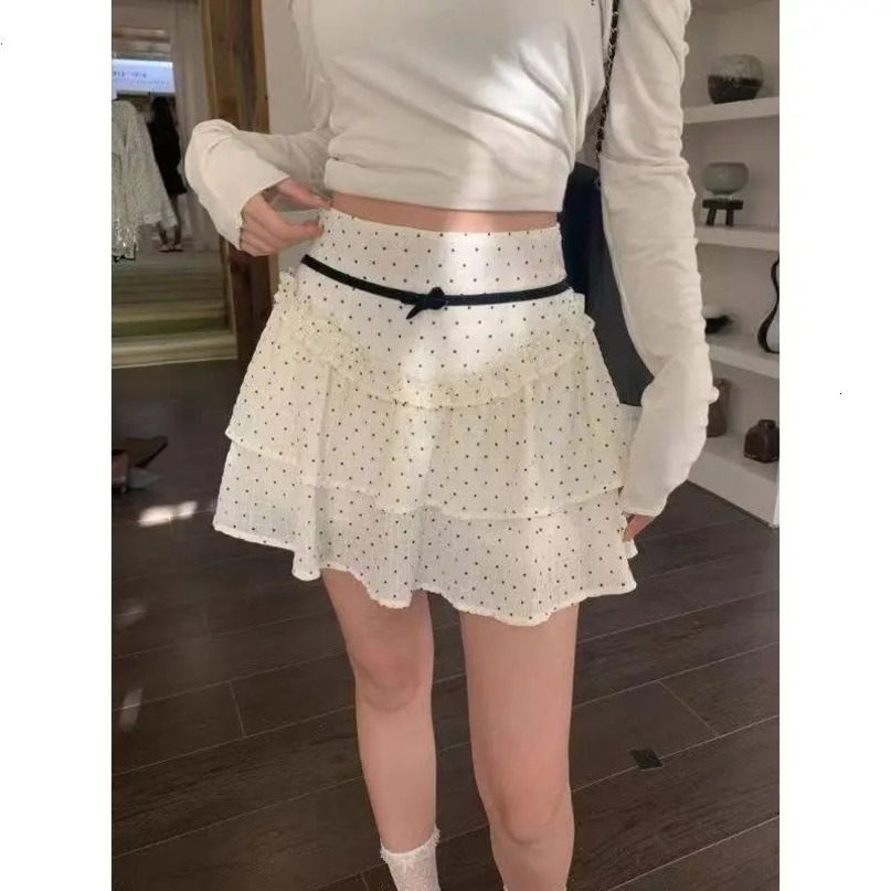 Deeptown Ruffle Fairycore Women Mini Skirt Sweet Lace Bow Layered Patchwork Dot Short Skirts Elegant Cute Korean Style 240516