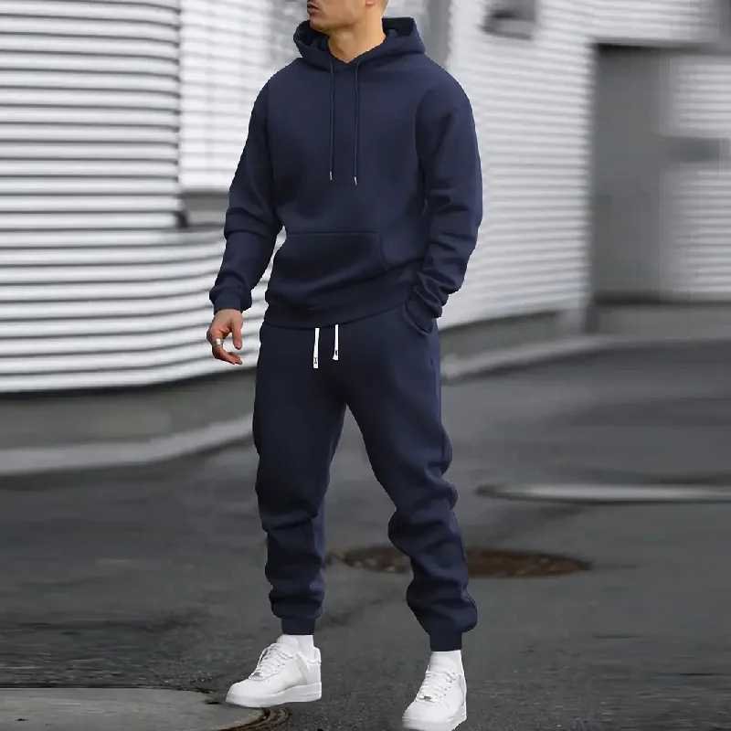 2025 Spring and Autumn Set Mens Casual Sports Fashion Trend Comfortable Simple Running Set Solid Color Hoodie and PantsXJ250924