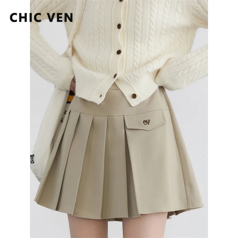 CHIC VEN Women Skirts Solid High Waist Embroidered Asymmetric Female A-line Pleats Short Skirt Spring Autumn 240513