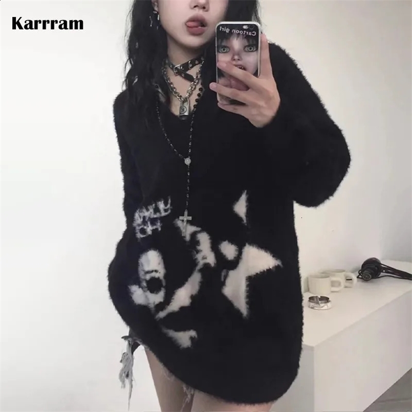 Karrram Gothic Skulls Sweater Grunge Dark Aesthetics Knitted Jumper V-neck Harajuku Loose Mohair Pullover Emo Alt Knitwear Y2k 240731