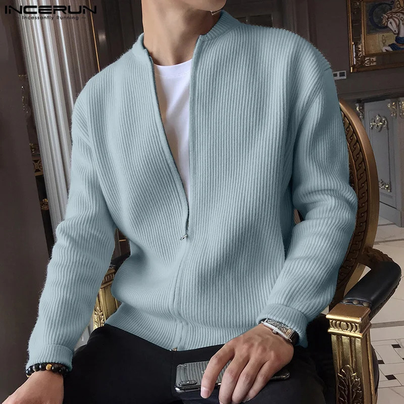 INCERUN Tops Korean Style Casual Men Texture Cardigan Sweater Autumn Winter Zipper Long Sleeved Sweaters S-5XL 250804