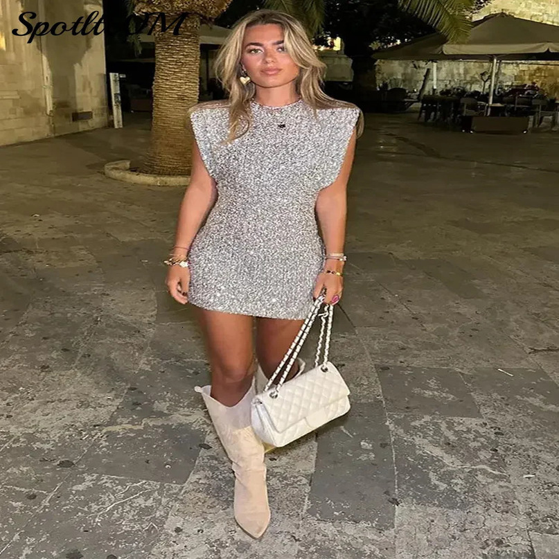 Shinny Sequins Paded Shoulder Mini Dress Women Sexy O Neck Slim Sleeveless Short Robe Summer Chic Female Club Party Evening Wear 240615
