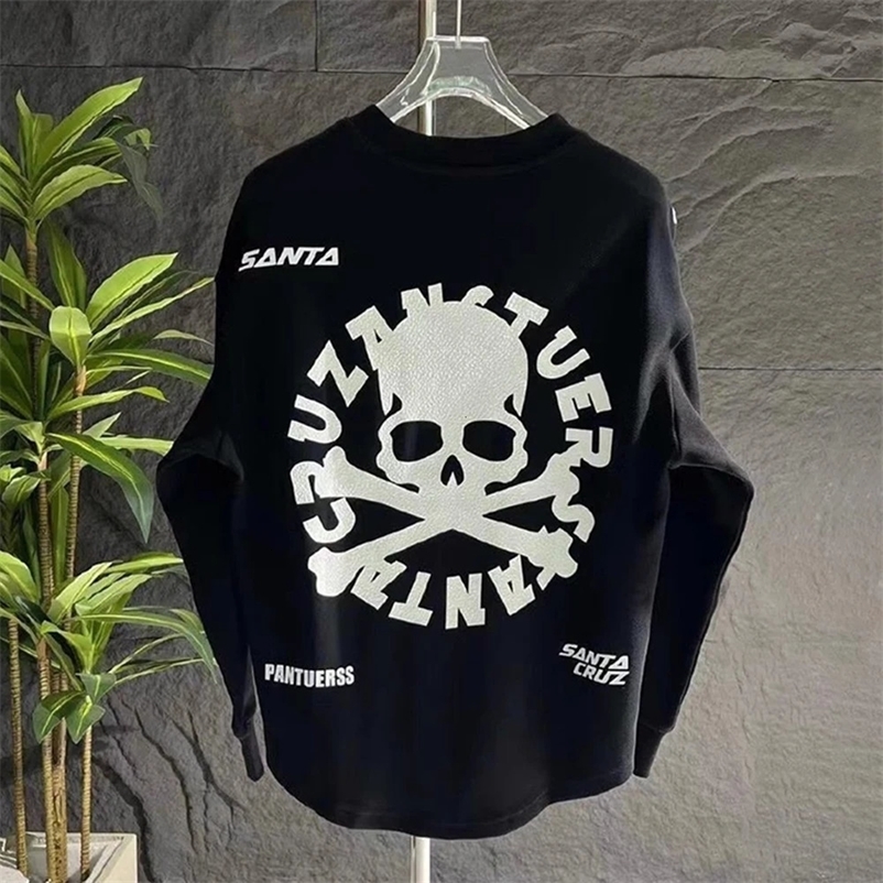 Spring And Summer Casual Top For Men Stylish Trendy Hip-Hop High Street Y2k Skull Pattern Loose Long-Sleeve Pullover 240703