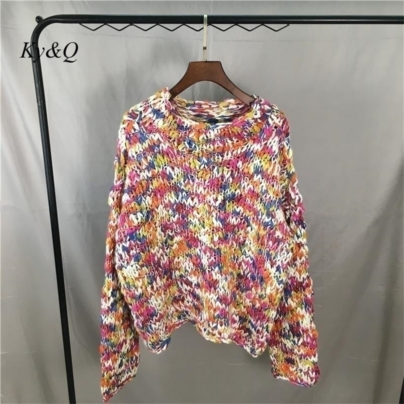Womens Sweaters Coarse Yarn Hollow Round Neck Contrast Color Rainbow Sweater Women HandWoven Autumn and Winter Nylon Pullover Loose Top 220923