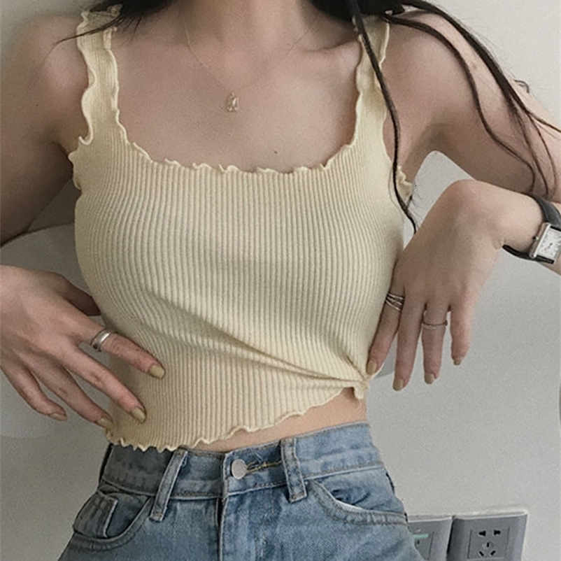 Camisoles Tanks HELIAR Women Summer Solid Ruffle Chic Camisole Basic Sleeveless Tank Tops Sexy Sweet Women Crop Tops Girls Slim Tops Summer 230420