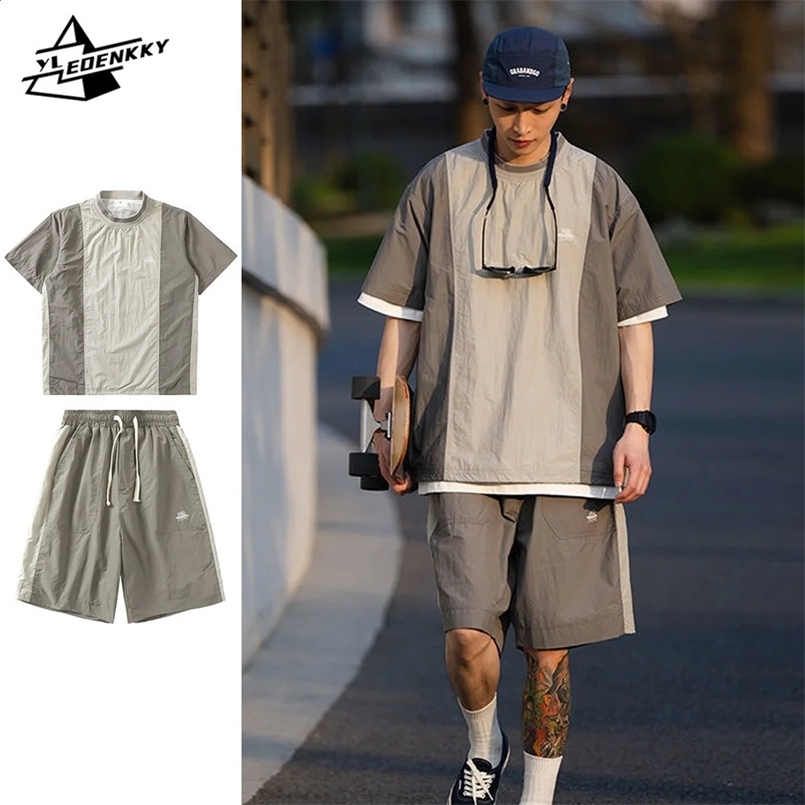 Summer Quick-drying Set Men Women Japanese Retro Color-block Short SleevesCasual Sports Cargo Shorts Couples Two-piece Suit 240830