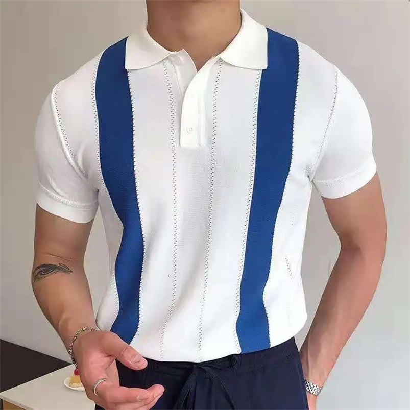 Vintage Polo Shirt Men Stripe Print Patchwork Knitting Casual Lapel Pullover Summer Fashion Men Short Sleeve Slim Polo Shirt 250224