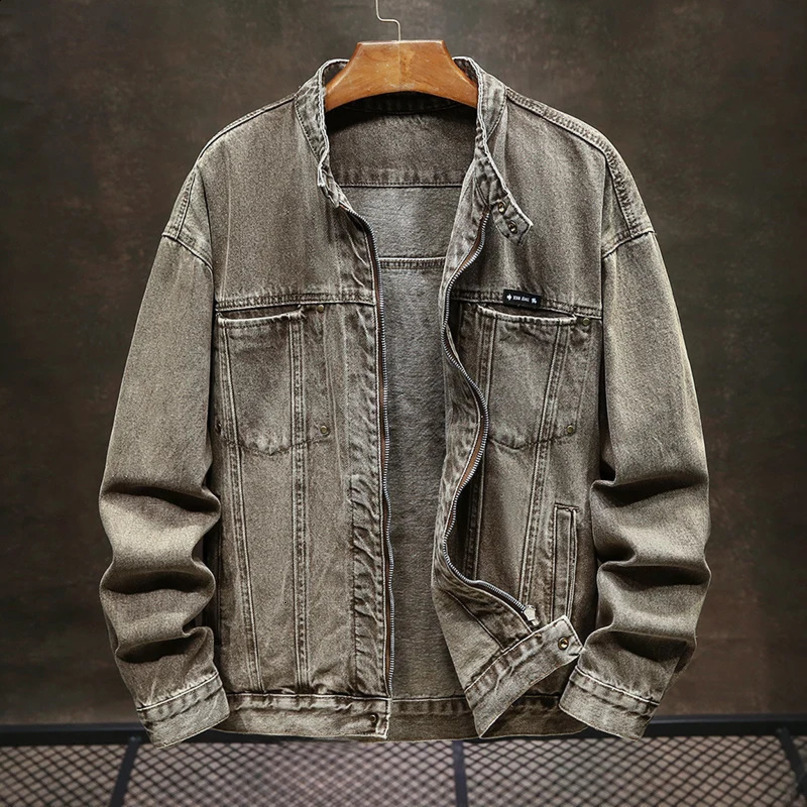 Retro nostalgic mens denim jacket autumn stand up collar zipper fashionable street casual slim fit 240808